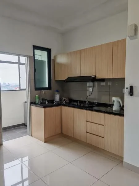 Kitchen features: light wood cabinetry, black granite countertop, stainless-steel sink, chrome pull-down faucet, built-in stove with hood, tile backsplash, white walls, ceramic tile flooring, window with city view, refrigerator, kitchen appliances, open shelving; style: modern; view: city.