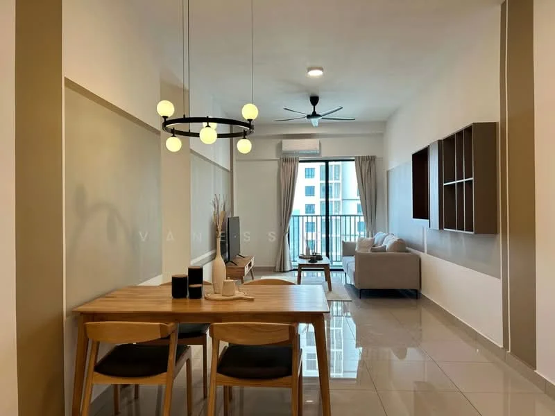 Living features: 3-seater fabric sofa in light beige, coffee table, TV console, wall-mounted TV, area rug, floor-to-ceiling windows, curtains, ceiling fan with light, recessed downlights, decorative wall shelving, neutral painted walls, glossy tile flooring; style: modern; view: city. Dining features: 6-seater dining table, wooden dining chairs, decorative centerpiece, neutral painted walls, glossy tile flooring; style: modern.