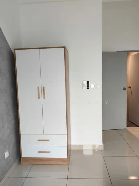 Room features: white and wood wardrobe with two doors, two drawers below wardrobe, grey accent wall, glossy white tile flooring, light switch on wall, door leading to another room; style: modern.