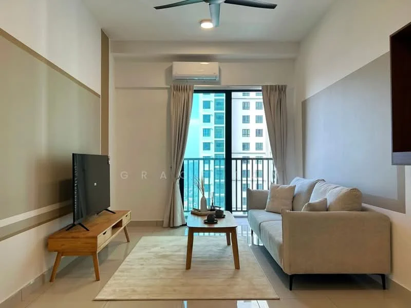 Living features: 3-seater fabric sofa in light grey, wooden coffee table, TV console in wood, wall-mounted TV, area rug in neutral color, floor-to-ceiling windows, curtains in light fabric, ceiling fan with light, air conditioning unit, white painted walls, tile flooring; style: modern; view: city.