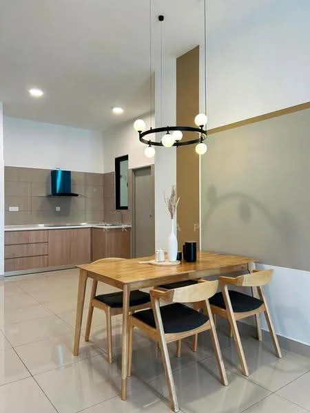Dining features: wooden dining table, 4 wooden dining chairs with black cushions, pendant light fixture with spherical bulbs, cream tiled flooring, white painted walls, kitchen area visible in background, brown cabinetry, stainless-steel range hood, grey tiled backsplash; style: modern.