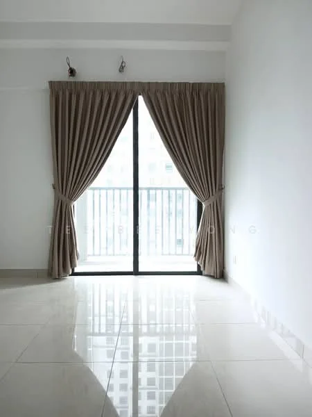 Room features: floor-to-ceiling sliding glass door, beige curtains, white painted walls, glossy tile flooring, recessed downlights, balcony view, neutral color palette; style: modern.