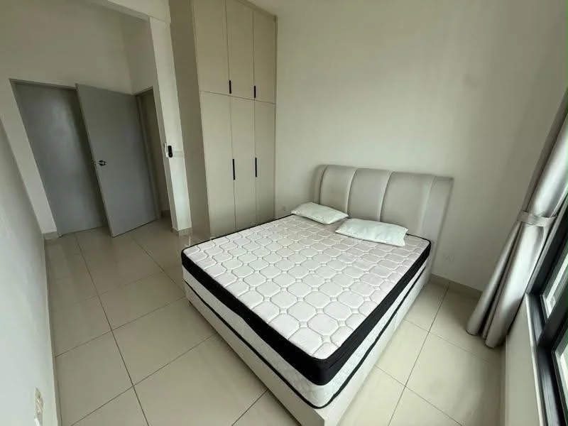 Bedroom features: queen-size bed with upholstered headboard, two white pillows, built-in wardrobe with sliding doors, grey walls, large window with sheer curtains, tile flooring, recessed ceiling lights, door to hallway; style: modern.