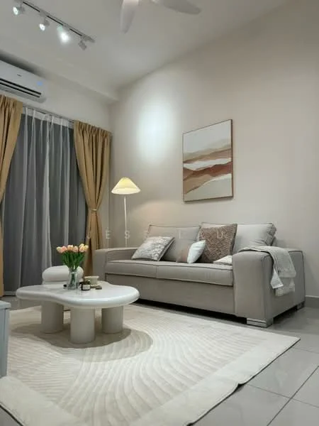 Living features: 3-seater fabric sofa in beige, decorative throw pillows, round coffee table with pedestal base, area rug with geometric pattern, floor lamp with warm light, curtains in light beige, floor-to-ceiling windows, wall-mounted split AC, recessed ceiling lights, neutral painted walls, decorative artwork on wall; style: modern.