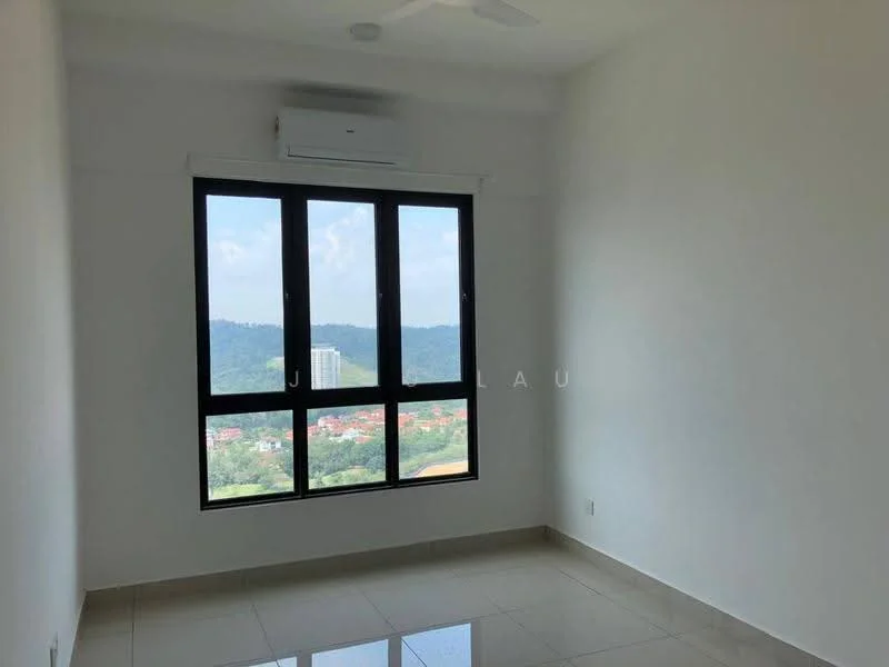 Room features: white painted walls, glossy tile flooring, floor-to-ceiling windows, mountain view, 1 ceiling fan, 1 wall-mounted split AC; style: modern; view: mountain.
