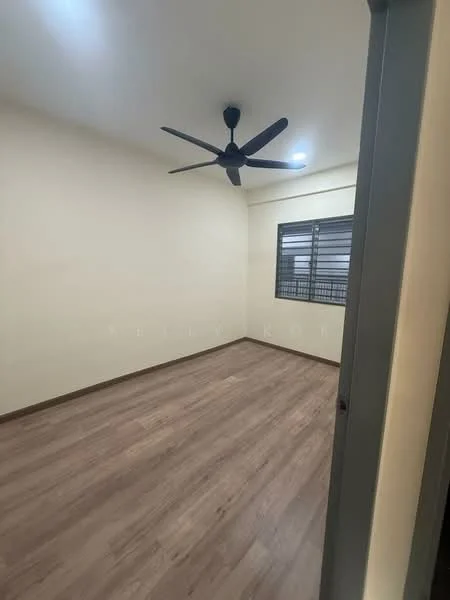 Room features: light wood laminate flooring, cream painted walls, ceiling fan, window with metal grille, neutral lighting, no visible furniture, corner room, single window; style: minimalist.