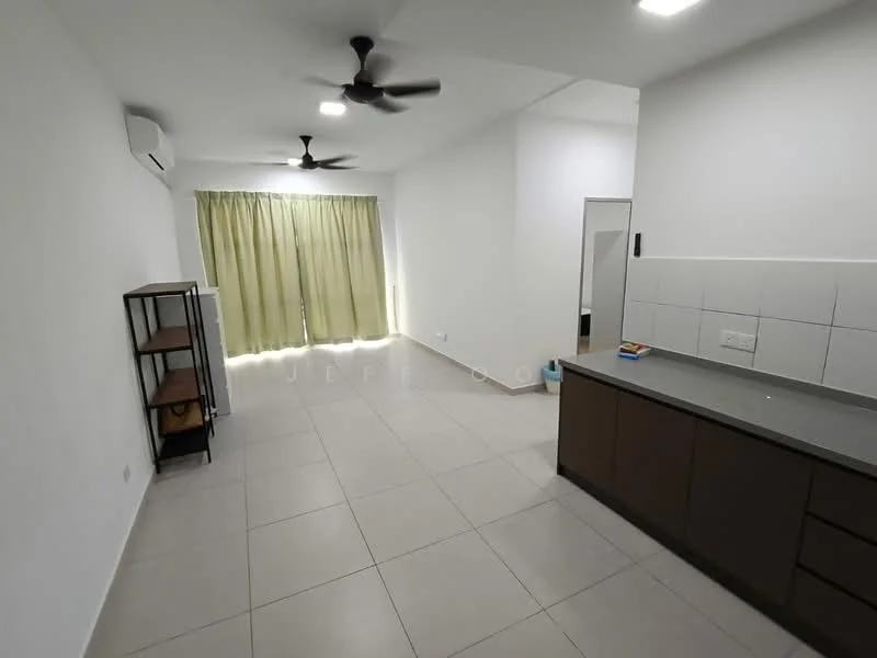 Room features: white painted walls, grey tiled flooring, 5-blade ceiling fan, wall-mounted split AC, kitchen countertop with cabinets, recessed lighting, floor-to-ceiling windows with sheer curtains, open layout; style: modern.