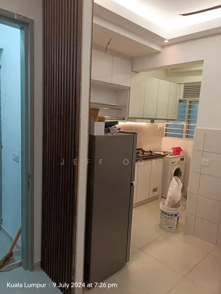 Kitchen features: white cabinetry, stainless-steel fridge, built-in oven, ceramic tile flooring, white tiled backsplash, single-bowl stainless-steel sink, chrome pull-down faucet, countertop with under-cabinet lighting, washing machine, open shelving, wood accent wall, window with blinds; style: modern.