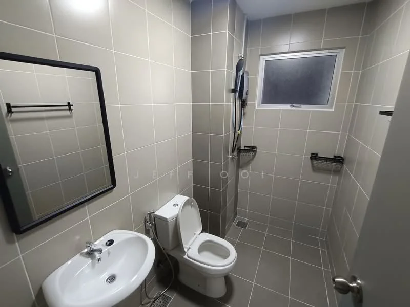 Bathroom features: grey tiled walls, grey tiled flooring, single-sink vanity with chrome faucet, framed mirror, one-piece toilet, shower with wall-mounted faucet, towel rack, window for natural light; style: modern.