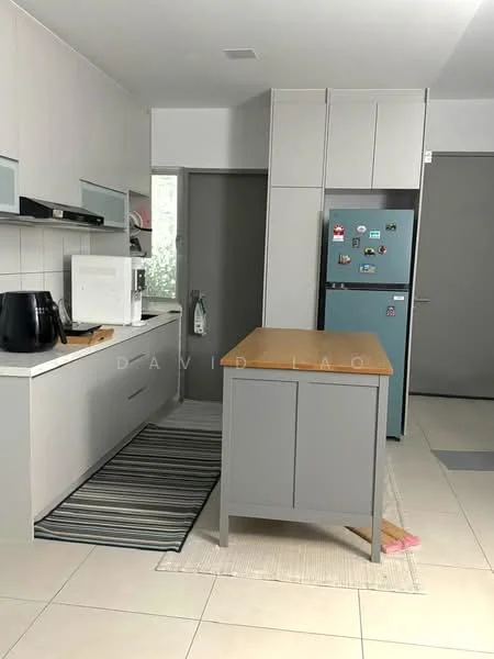 Kitchen features: grey cabinetry, white countertop, stainless-steel fridge, built-in microwave, black coffee machine, kitchen island with wooden top, ceramic tile flooring, refrigerator with magnets, striped area rug, white walls, sliding door, window with natural light; style: modern.
