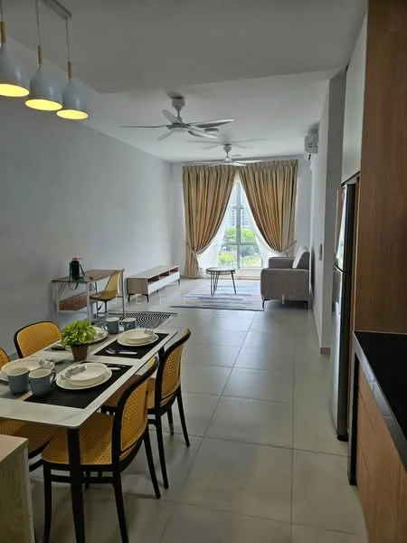 Dining features: dining table with 4 chairs, table setting with plates and cutlery, pendant lighting above table, grey area rug, white walls, tile flooring, ceiling fan, open layout to living area; style: modern; view: garden. Living features: sofa in light grey, coffee table, TV console, large window with sheer curtains, natural light, decorative plant, wall-mounted air conditioning unit; style: modern; view: garden.