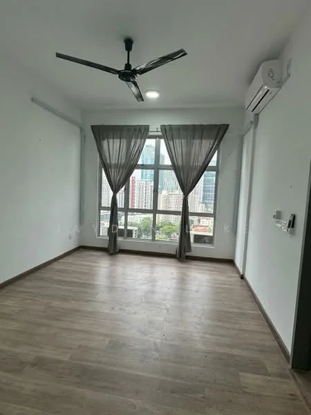 Room features: light wood laminate flooring, white painted walls, 5-blade ceiling fan, recessed LED downlights, floor-to-ceiling windows, sheer curtains, air conditioning unit, city view; style: modern; view: city.