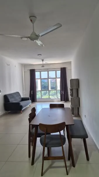 Dining features: dining table with wooden surface, 4 wooden dining chairs, grey upholstered dining chair, ceiling fan with light, large windows with city view, curtains in dark color, light-colored walls, tile flooring, sofa in dark color, decorative shelving unit; style: modern; view: city.