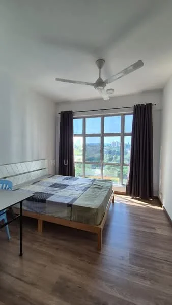 Bedroom features: queen-size bed, upholstered headboard, wooden flooring, 5-blade ceiling fan, floor-to-ceiling windows, blackout curtains, light grey walls, study desk, chair; style: modern; view: garden.