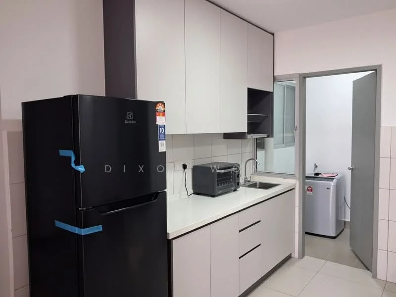 Kitchen features: black refrigerator, built-in microwave, single-bowl stainless-steel sink, chrome pull-down faucet, white laminate countertop, flat-panel grey cabinets, wall-mounted cabinets, tile backsplash, ceramic tile flooring, window with natural light, washing machine; style: modern.