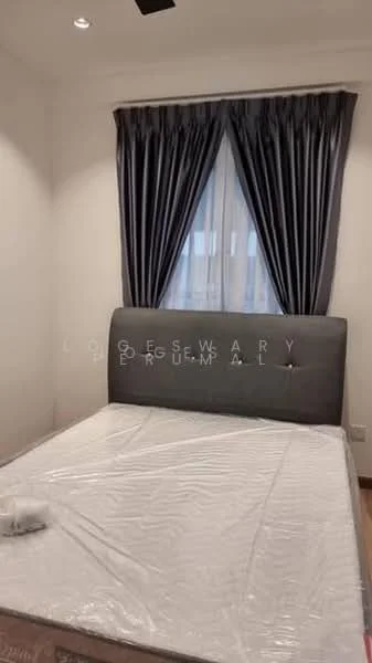 Bedroom features: queen-size bed, upholstered headboard, grey curtains, floor-to-ceiling window, white painted walls, wood flooring, ceiling fan; style: modern.