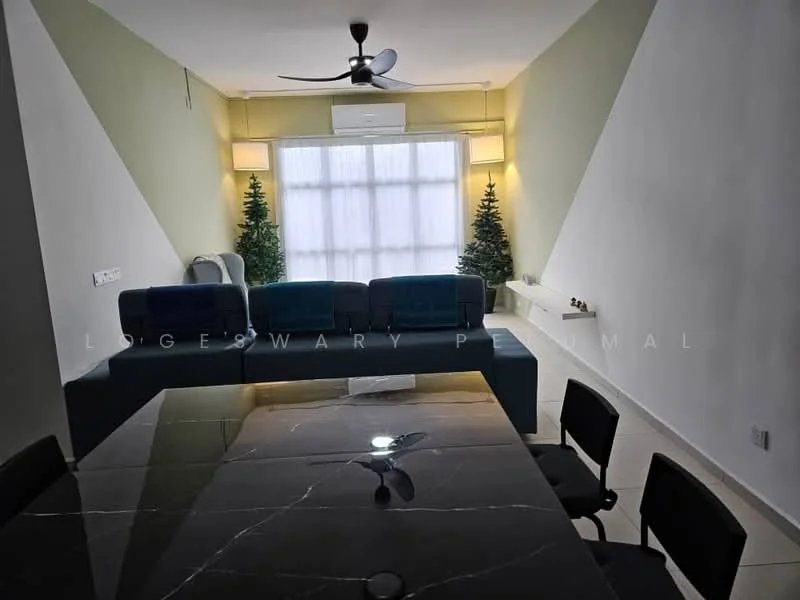 Living features: sofa in blue fabric, ceiling fan, large windows with sheer curtains, decorative indoor trees, light-colored walls, dark marble dining table, black dining chairs, recessed lighting, air conditioning unit; style: modern.