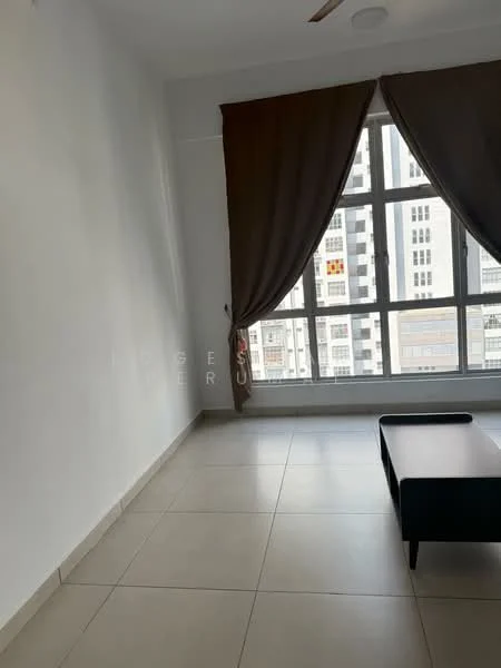 Living features: white painted walls, tile flooring, floor-to-ceiling windows, brown curtains, black coffee table, ceiling fan, natural light from windows; style: modern; view: city.