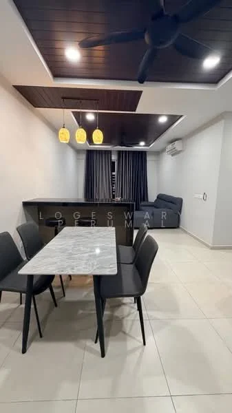 Dining features: 4-seater dining table with marble top, black dining chairs, grey walls, dark wood ceiling with recessed lighting, 3 pendant lights, floor-to-ceiling curtains, air conditioning unit, tile flooring; style: modern. Living features: grey fabric sofa, wall-mounted TV, light grey walls, dark wood accent wall, recessed downlights, floor-to-ceiling curtains; style: modern.