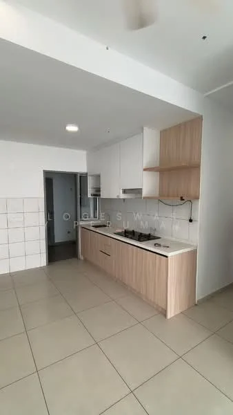 Kitchen features: white cabinets, wooden cabinetry, black countertop, built-in oven, 4-burner gas hob, stainless-steel sink, chrome pull-down faucet, tile backsplash, ceramic tile flooring, recessed downlights, open layout, wall-mounted refrigerator, neutral wall color; style: modern.
