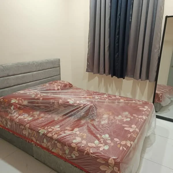 Bedroom features: queen-size bed with floral bedding, grey upholstered headboard, floor-to-ceiling mirror, curtains in dark blue, white tiled flooring, light beige painted walls; style: modern.