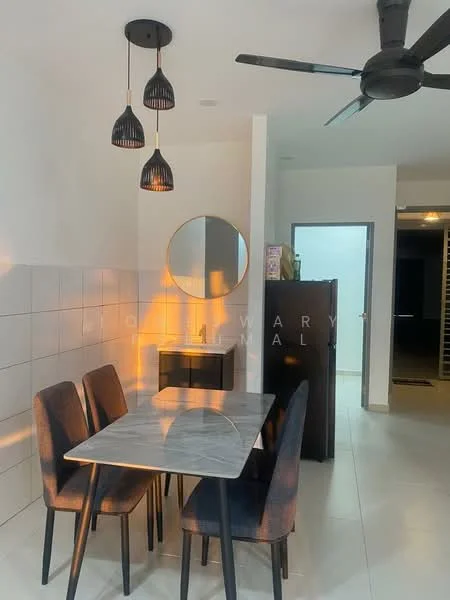 Dining features: 4-seater dining table with marble top, upholstered dining chairs in dark fabric, pendant lighting with three black shades, round mirror on wall, dark wood sideboard, black fridge, white tiled walls, light-colored flooring, ceiling fan with light, open layout to adjacent rooms; style: modern.