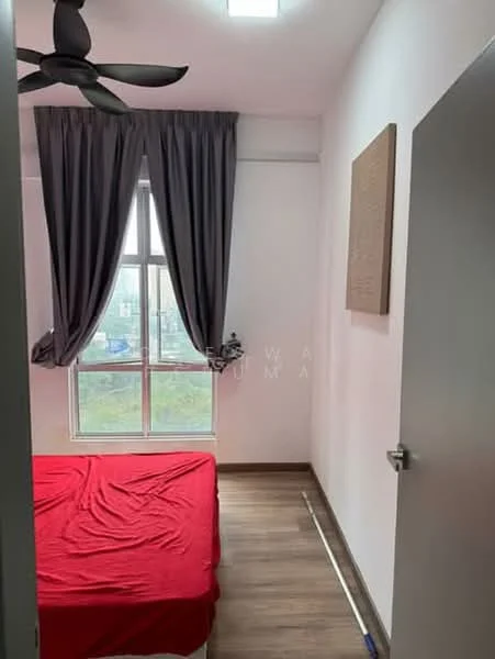 Bedroom features: red bedspread, single bed, grey curtains, floor-to-ceiling window, wood laminate flooring, 5-blade ceiling fan, white painted walls, decorative wall art, window view, door to hallway; style: modern; view: garden.