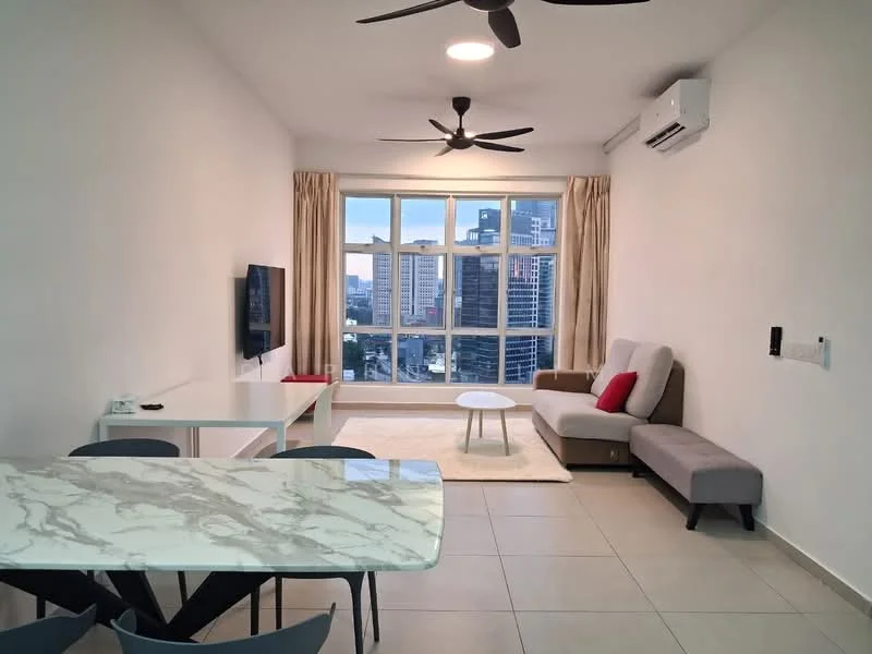 Living features: light grey fabric sofa, red accent cushion, white coffee table, wall-mounted TV, 5-blade ceiling fan with light, air conditioning unit, floor-to-ceiling windows, curtains, cream area rug, light beige tiled flooring; style: modern; view: city. Dining features: marble dining table, 4 grey dining chairs; style: modern; view: city.