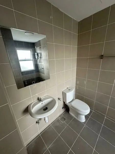 Bathroom features: grey tiled walls, light grey tiled flooring, single-sink vanity, mirror above sink, toilet, shower area with showerhead, window for natural light, wall-mounted towel rack; style: modern.