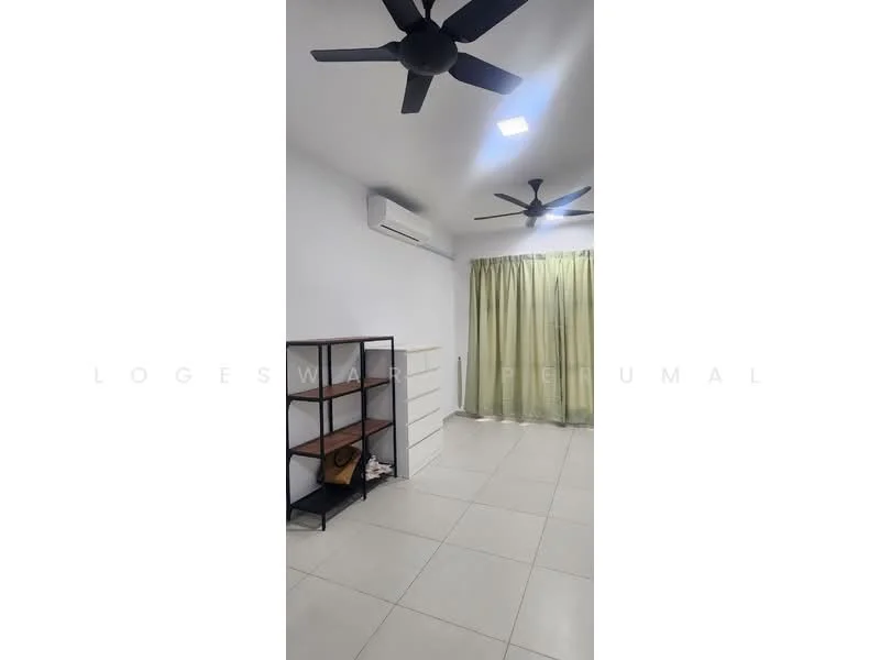 Room features: white painted walls, tile flooring, 2 ceiling fans, 1 wall-mounted split AC, green curtains, open shelving unit, white dresser, recessed LED downlights; style: modern.