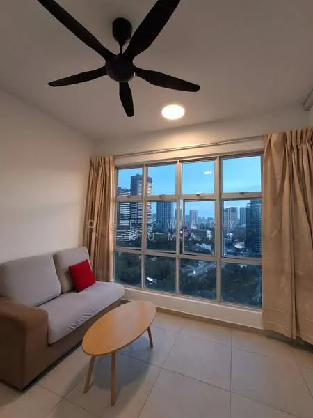 Living features: 3-seater fabric sofa in grey, red accent cushion, round wooden coffee table, floor-to-ceiling windows, sheer curtains, 5-blade ceiling fan with light, recessed downlights, tile flooring, city view; style: modern; view: city.