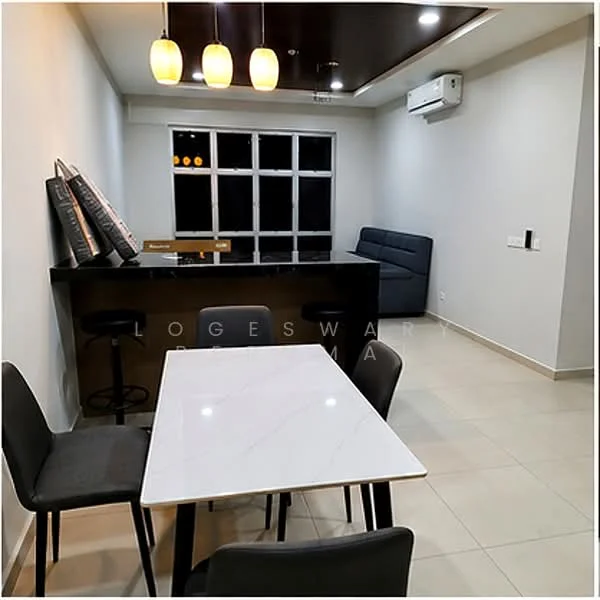 Dining features: marble dining table, 4 black dining chairs, grey wall, tile flooring, recessed downlights, air conditioning unit, floor-to-ceiling windows, black bar counter, grey sofa, decorative wall art; style: modern.