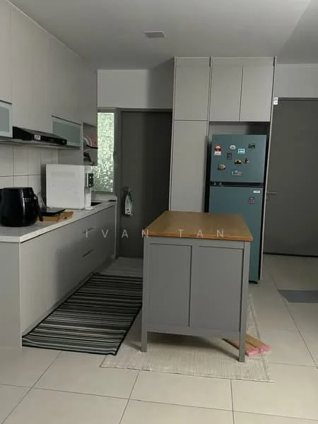 Kitchen features: light grey cabinetry, white countertop, island with wooden top, stainless-steel fridge, built-in microwave, black coffee maker, ceramic tile flooring, recessed downlights, sliding door to pantry, striped area rug; style: modern.