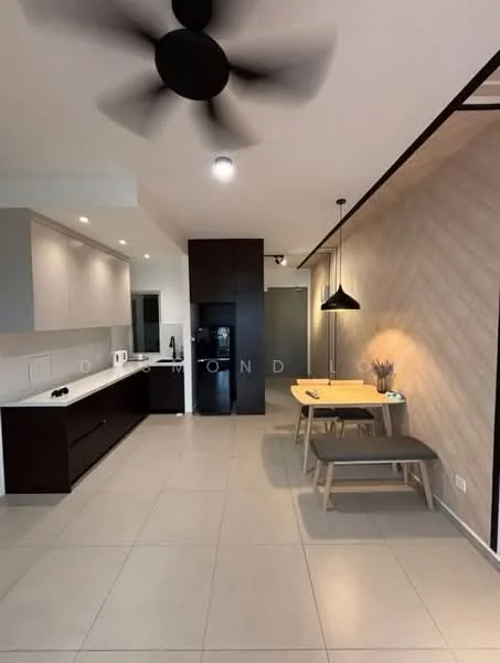 Kitchen features: white cabinetry, black refrigerator, stainless-steel sink, chrome pull-down faucet, white countertop, pendant light, 5-blade ceiling fan, tile flooring, open-plan layout, dining table with two benches, wall-mounted cabinets, decorative wall with wood paneling; style: modern.
