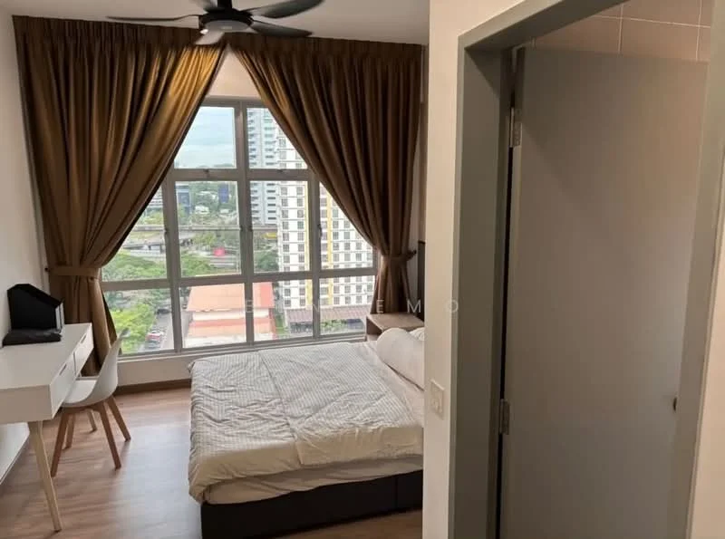 Bedroom features: queen-size bed, upholstered headboard, bedside table, desk with chair, floor-to-ceiling windows, brown curtains, wooden flooring, ceiling fan; style: modern; view: city.