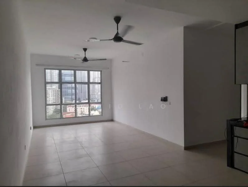 Living features: white painted walls, tile flooring, 2 ceiling fans, large floor-to-ceiling windows, city view, window treatments, light switches, power outlets; style: modern; view: city.