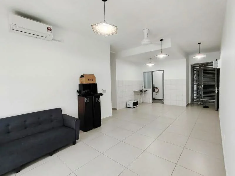 Room features: white painted walls, tile flooring, 5-blade ceiling fan with light, 1 wall-mounted split AC, sofa in grey, black cabinets, microwave, stainless-steel rack, open shelving, recessed downlights, doorway leading to bathroom, kitchenette area with sink; style: modern.