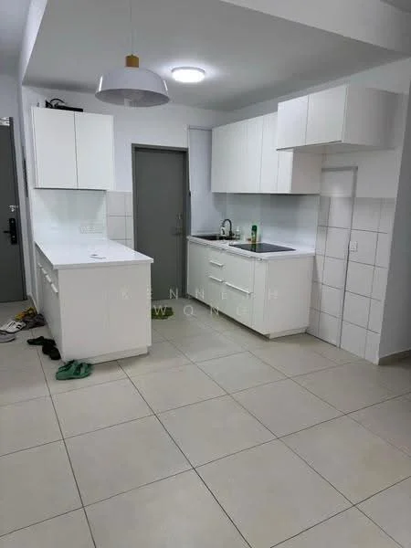 Kitchen features: white cabinetry, single-bowl stainless-steel sink, chrome pull-down faucet, white countertop, tile backsplash, built-in oven, freestanding range oven, recessed ceiling light, pendant light, ceramic tile flooring, grey walls, open layout; style: modern.