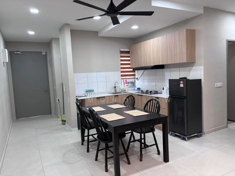 Kitchen features: light grey tiled flooring, white tiled backsplash, wood cabinetry in light brown, black dining table with four black chairs, stainless-steel fridge, built-in gas stove with two burners, single-bowl stainless-steel sink, chrome pull-down faucet, recessed LED downlights, window with horizontal blinds, open shelving above countertop; style: modern.