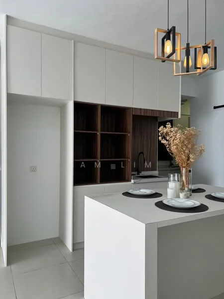 Kitchen features: white cabinetry with flat-panel doors, dark wood open shelving, island countertop in white, pendant lighting with three bulbs, ceramic tile flooring, neutral wall color, decorative vase with dried flowers, set of plates on the countertop; style: modern.