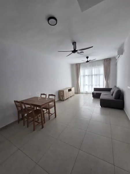 Living features: white painted walls, tile flooring, 2 ceiling fans, large floor-to-ceiling windows, sheer curtains, sofa in grey, wooden dining table with 4 chairs, TV console, air conditioning unit; style: modern.