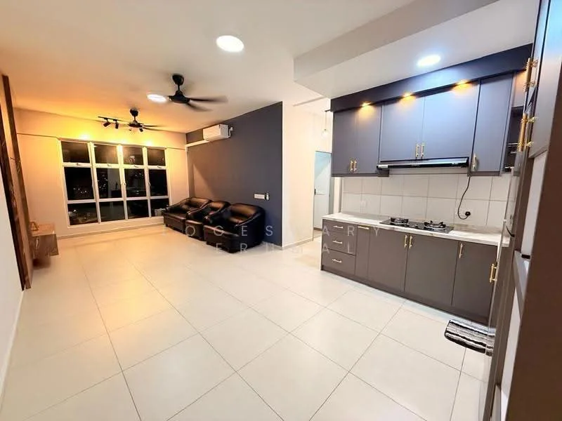 Living features: floor-to-ceiling windows, 3-blade ceiling fan, recessed LED downlights, light-coloured tiled flooring, grey cabinetry, built-in kitchen with gas hob, stainless-steel sink, open layout, black leather sofas, white walls, air conditioning unit; style: modern; view: city.