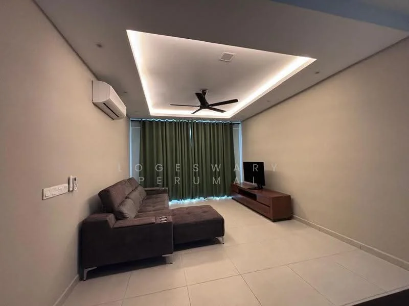 Living features: grey fabric sectional sofa, wood TV console, wall-mounted TV, 5-blade ceiling fan with light, recessed downlights, floor-to-ceiling windows, green curtains, white painted walls, light-colored tile flooring, air conditioning unit; style: modern.