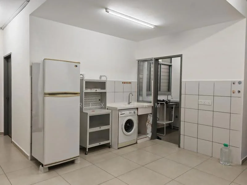 Kitchen features: white walls, tile flooring, single-bowl stainless-steel sink, chrome pull-down faucet, white cabinetry, built-in washing machine, freestanding fridge, countertop, window for natural light, overhead fluorescent lighting; style: modern.