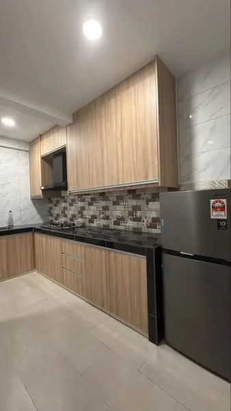 Kitchen features: wood cabinetry with horizontal grain, black countertop, stainless-steel fridge, built-in microwave, ceramic tile backsplash with mosaic pattern, white marble tile walls, recessed LED downlights, light-colored floor tiles, single-bowl stainless-steel sink, chrome pull-down faucet; style: modern.