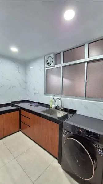 Laundry features: black granite countertop, wood cabinetry with brown finish, single-bowl stainless-steel sink, chrome pull-down faucet, built-in washing machine, tile flooring, white marble-patterned walls, window with metal frame, exhaust fan; style: modern.