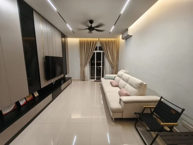Living features: 3-seater fabric sofa in white, 2 pink decorative cushions, black TV console with storage, wall-mounted flat-screen TV, recessed LED downlights, ceiling fan, large glass sliding door, floor-to-ceiling curtains, glossy tile flooring, air conditioning unit on wall, neutral painted walls; style: modern.