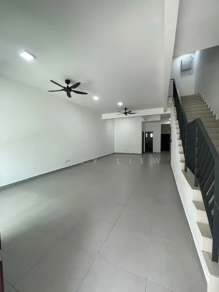 Living features: white painted walls, grey tiled flooring, 2 ceiling fans, recessed LED downlights, staircase with metal railing, open layout, large space, no visible furniture; style: modern.