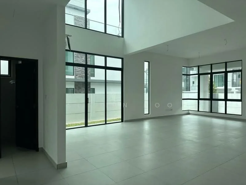 Room features: white painted walls, large floor-to-ceiling windows, grey tile flooring, high ceiling, open layout, natural light, minimalist design, no visible furniture; style: modern; view: garden.