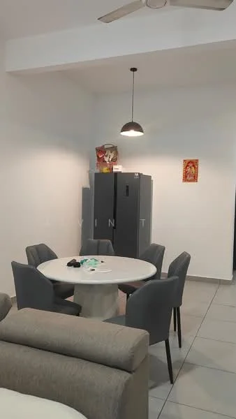 Dining features: round dining table, upholstered dining chairs in grey, pendant light, white painted walls, grey tiled flooring, refrigerator, decorative wall art; style: modern.